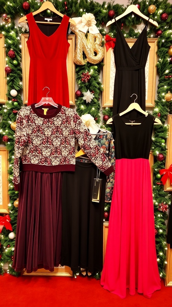 A collection of stylish Christmas party outfits including a red dress, black jumpsuit, sequin top, festive sweater, and maxi dress on a festive background.